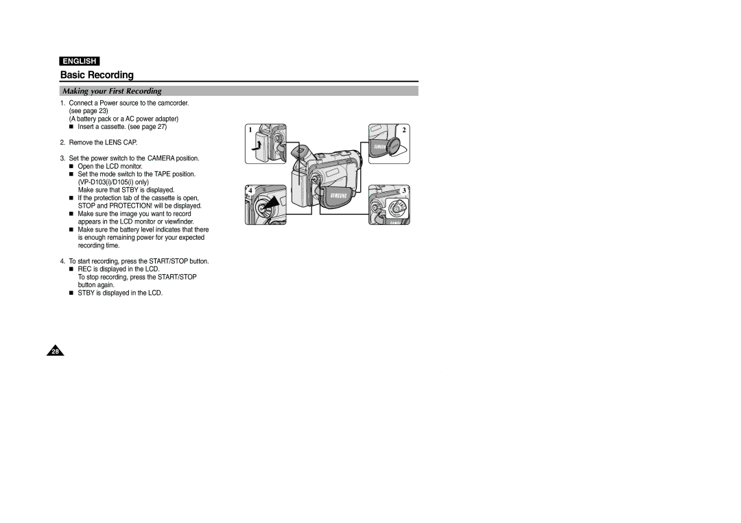 Samsung VP-D101(i), D103(i), D105(i), D102D(i) manual Basic Recording, Making your First Recording 