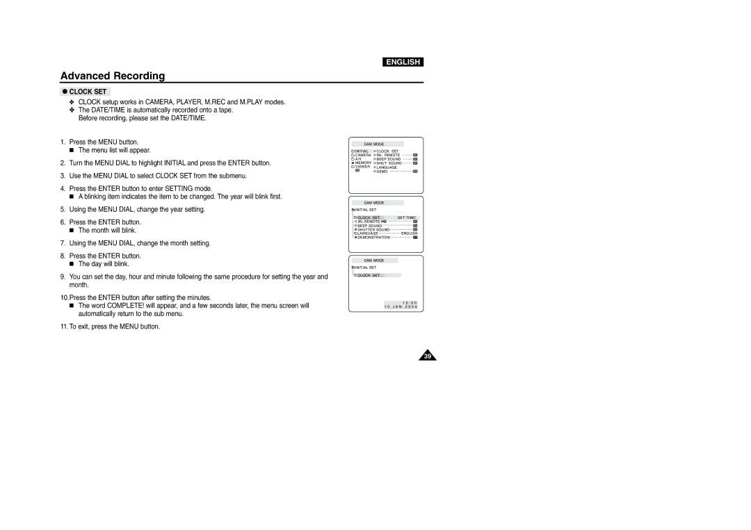 Samsung D102D(i), VP-D101(i), D103(i), D105(i) manual Clock SET 