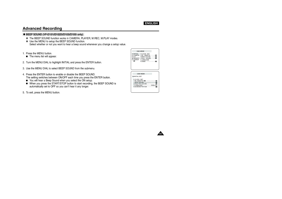 Samsung D103(i), VP-D101(i), D105(i), D102D(i) manual Beep Sound VP-D101i/D102Di/D103i/D105i only 