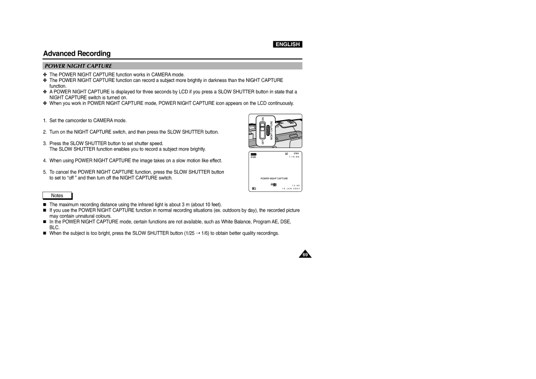 Samsung D103(i), VP-D101(i), D105(i), D102D(i) manual Power Night Capture 