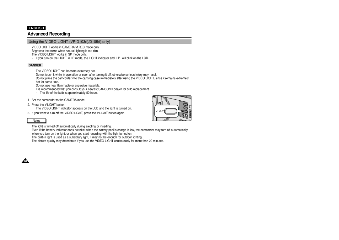 Samsung D105(i), VP-D101(i), D103(i), D102D(i) manual Using the Video Light VP-D103i/D105i only 