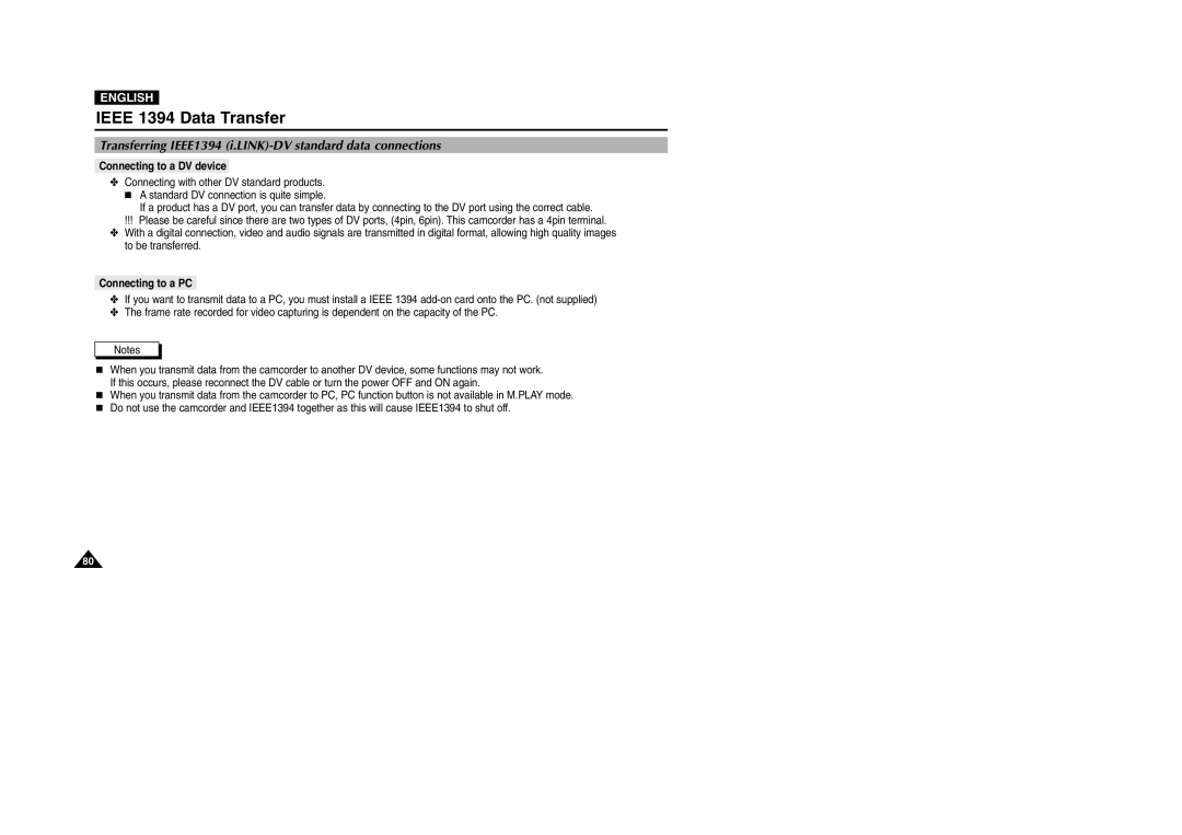 Samsung VP-D101(i) Ieee 1394 Data Transfer, Transferring IEEE1394 i.LINK-DV standard data connections, Connecting to a PC 