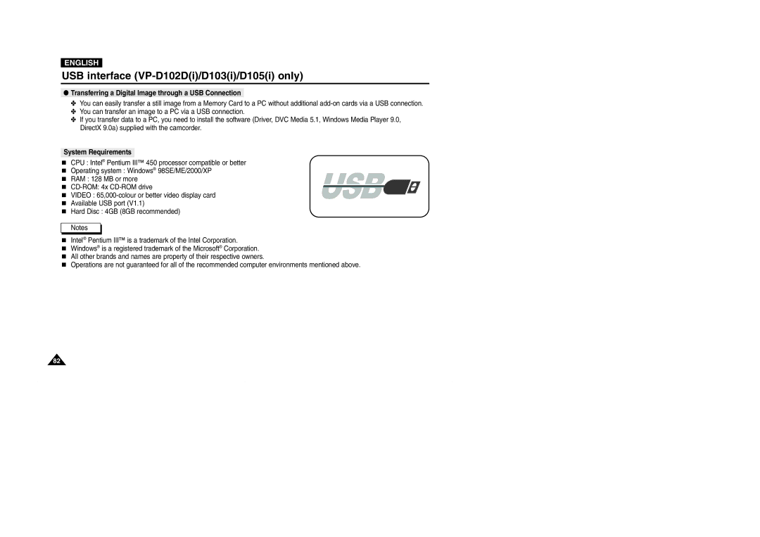 Samsung D105(i), D103(i) USB interface VP-D102Di/D103i/D105i only, Transferring a Digital Image through a USB Connection 