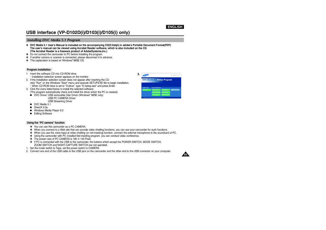 Samsung D102D(i), VP-D101(i) Installing DVC Media 5.1 Program, Acrobat Reader is a freeware product of AdobeSystems,Inc 