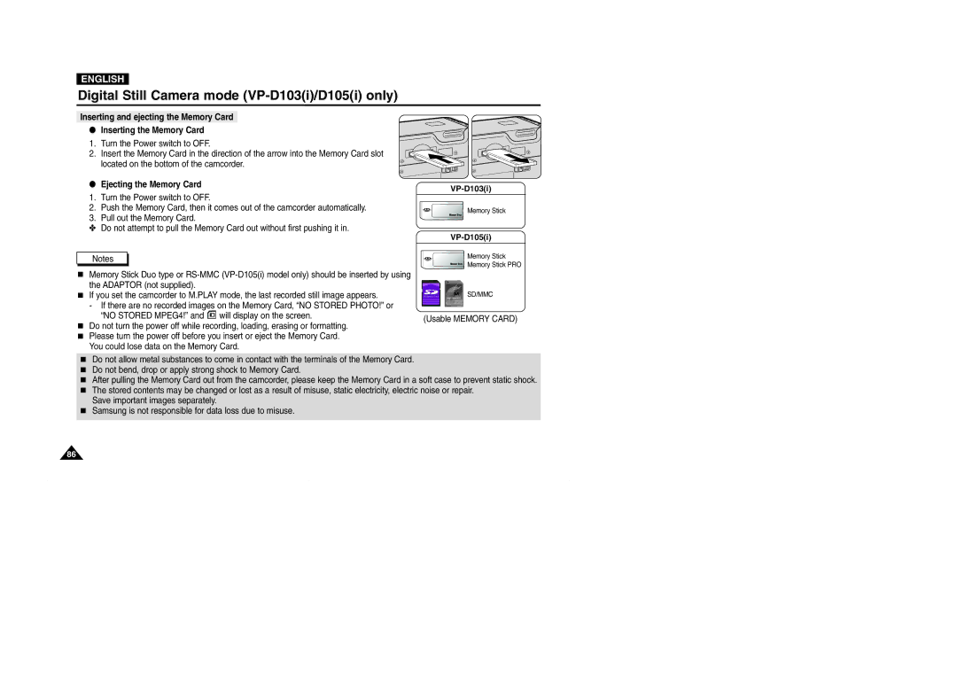 Samsung D105(i), VP-D101(i), D103(i), D102D(i) manual Ejecting the Memory Card, VP-D103i 