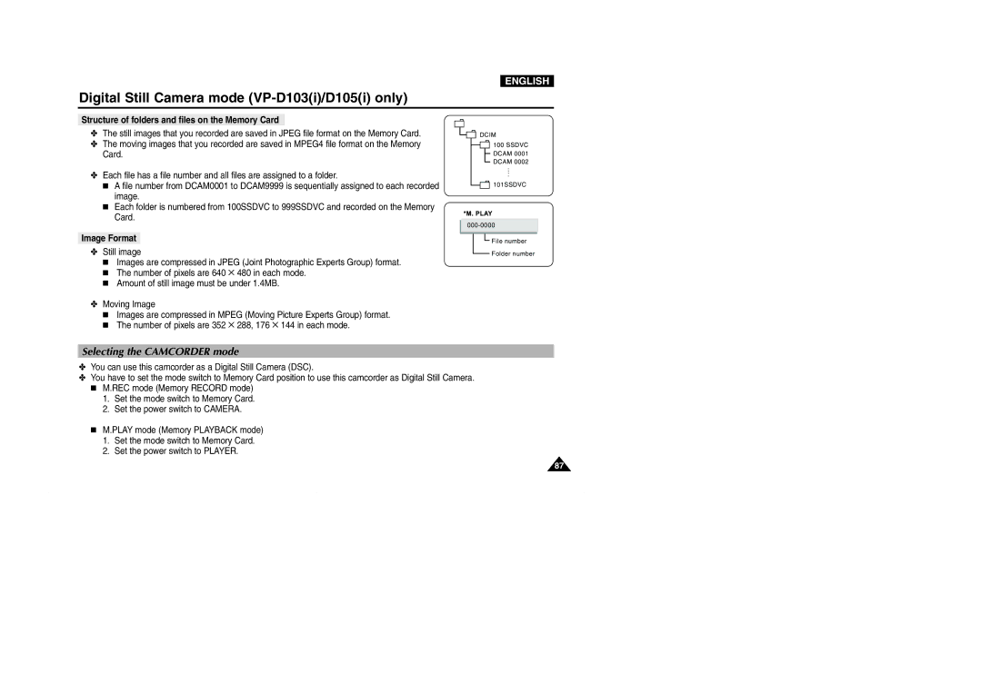 Samsung D102D(i), VP-D101(i) Selecting the Camcorder mode, Structure of folders and files on the Memory Card, Image Format 