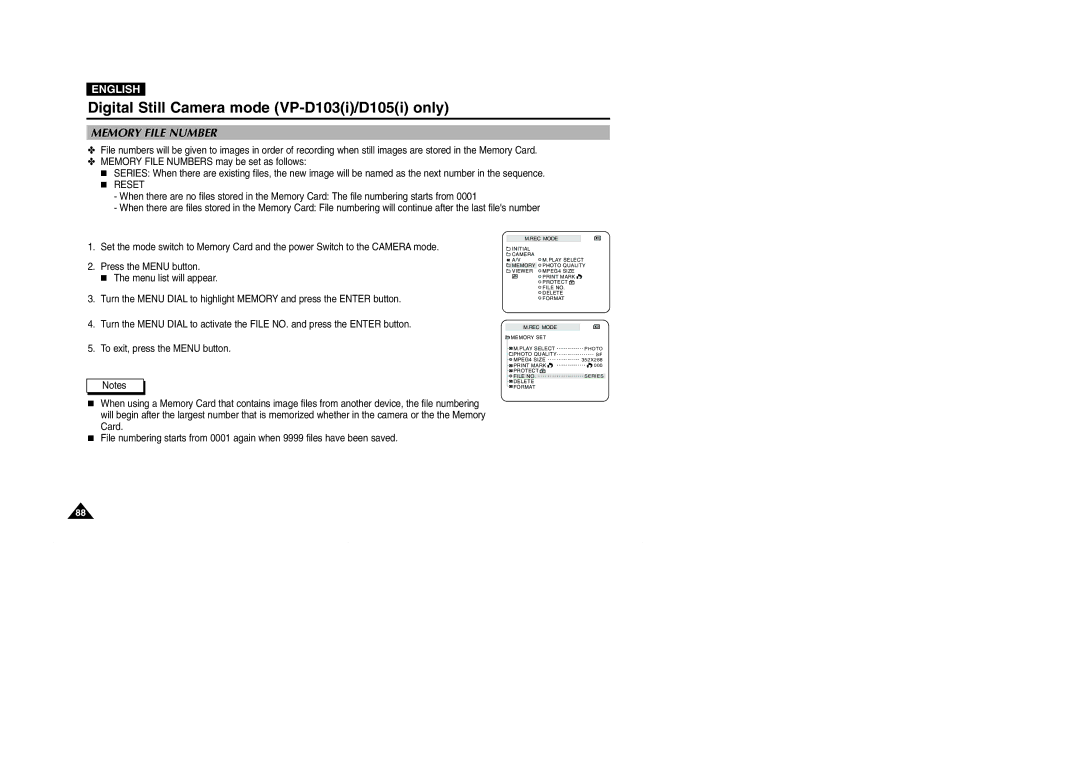 Samsung VP-D101(i), D103(i), D105(i), D102D(i) manual Memory File Number 