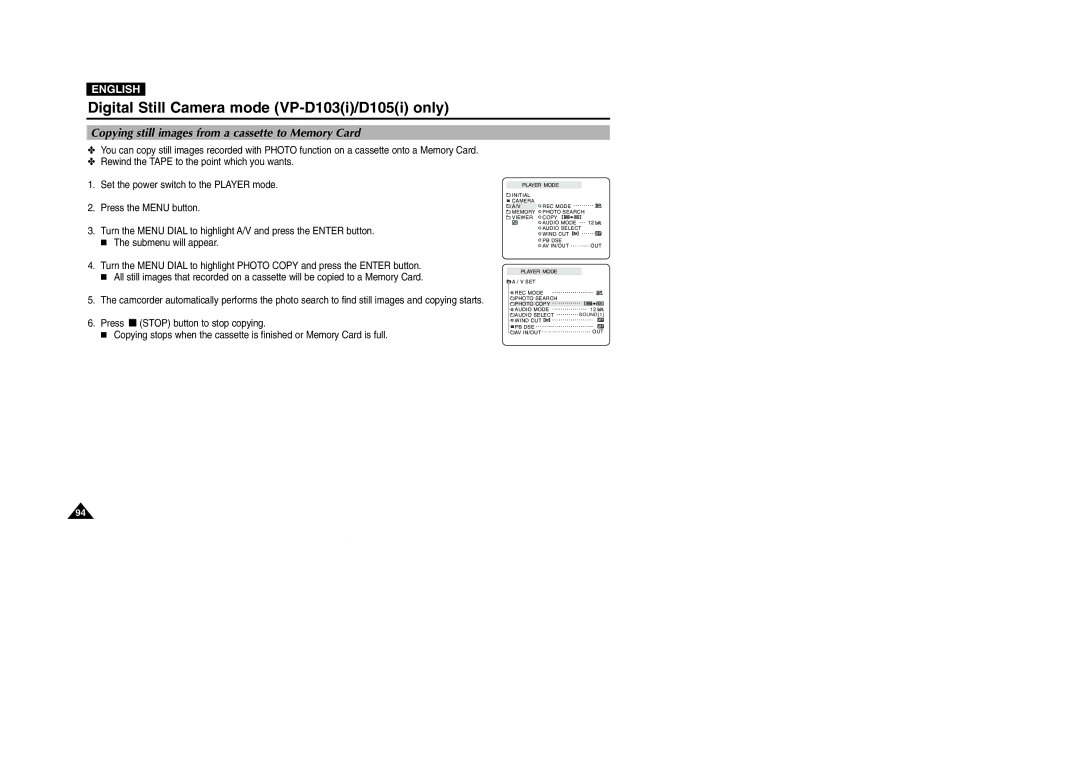 Samsung D105(i), VP-D101(i), D103(i), D102D(i) manual Copying still images from a cassette to Memory Card 