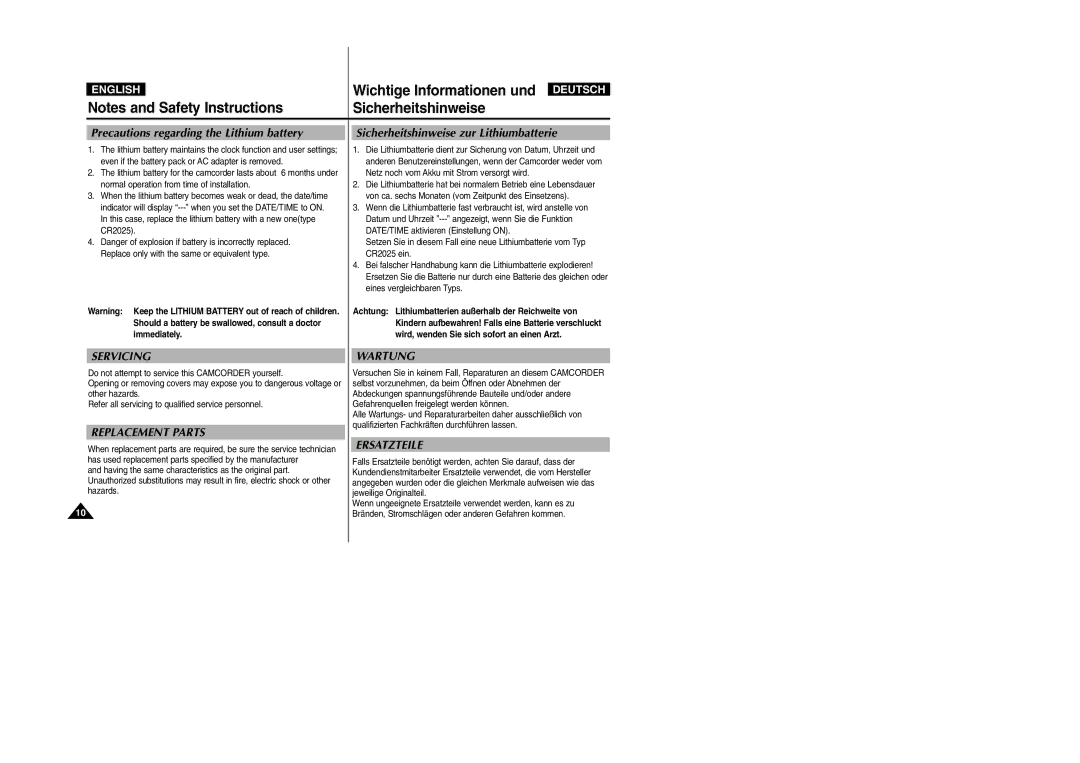 Samsung VP-D105i manual Precautions regarding the Lithium battery, Sicherheitshinweise zur Lithiumbatterie 