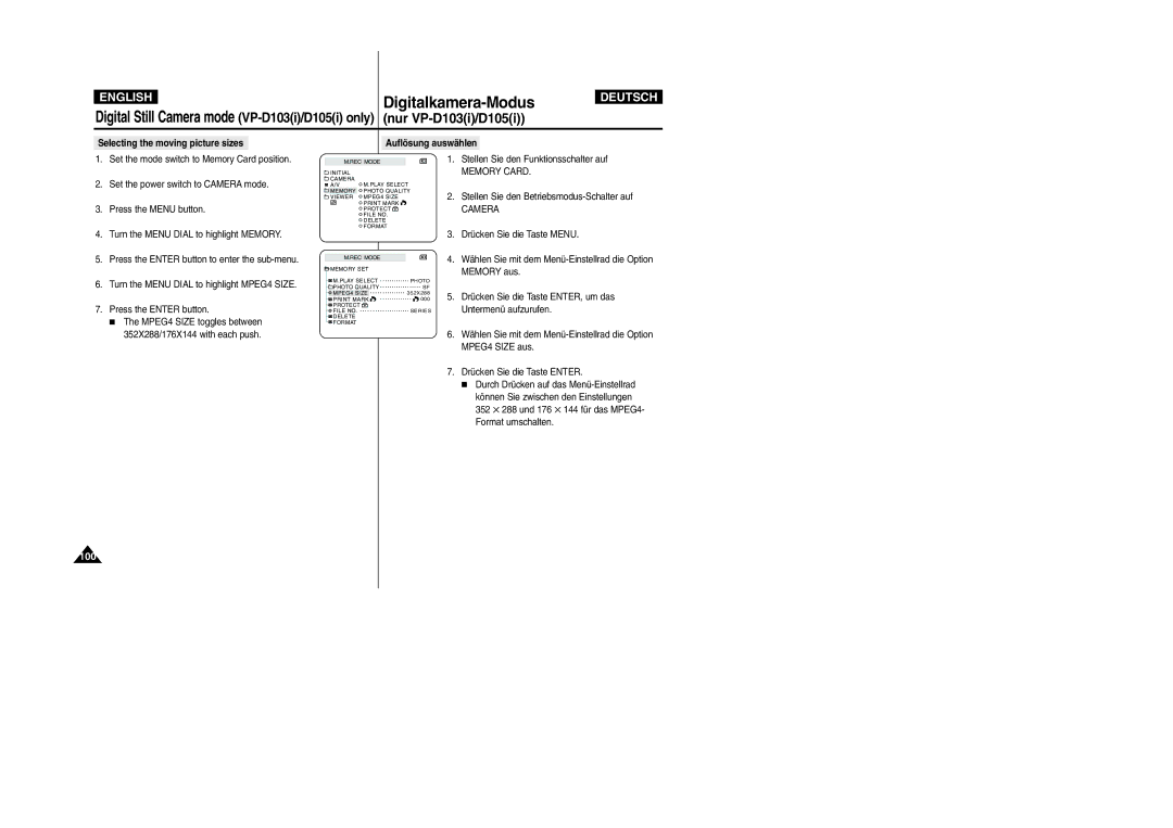 Samsung VP-D105i manual Selecting the moving picture sizes Auflösung auswählen, MPEG4 Size toggles between 