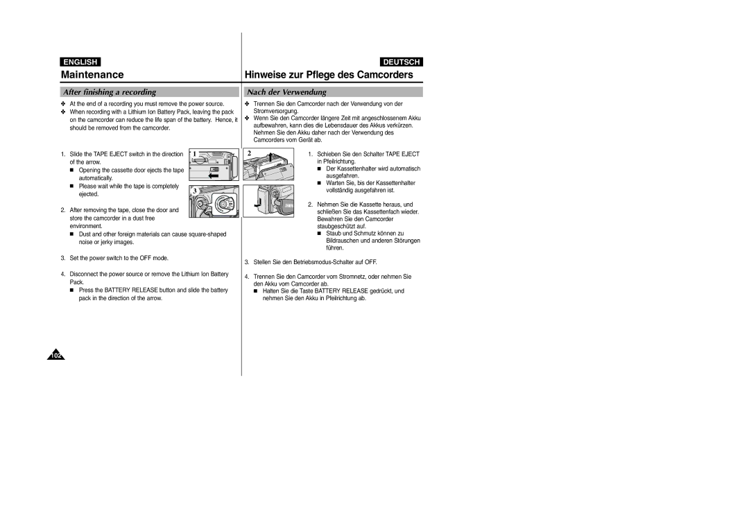 Samsung VP-D105i manual After finishing a recording Nach der Verwendung, Arrow 