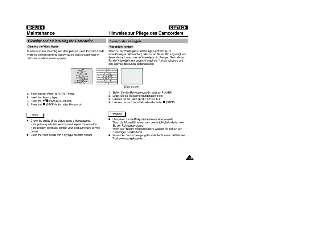 Samsung VP-D105i manual Hinweise zur Pflege des Camcorders, Cleaning and Maintaining the Camcorder, Camcorder reinigen 