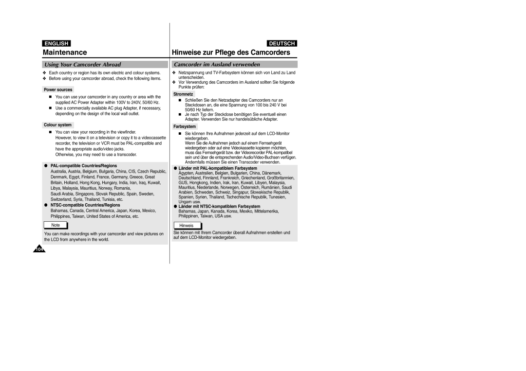 Samsung VP-D105i manual Using Your Camcorder Abroad, Camcorder im Ausland verwenden 