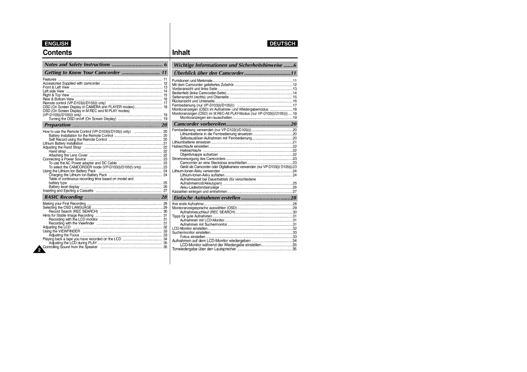 Samsung VP-D105i manual Contents Inhalt 