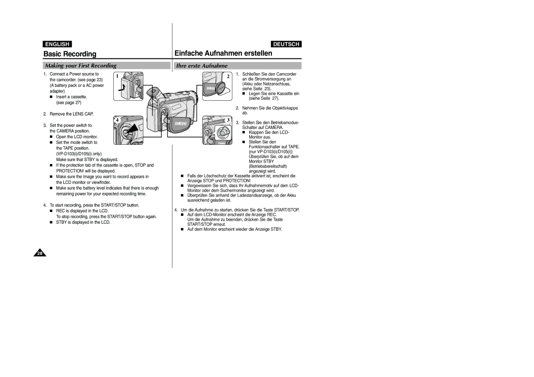 Samsung VP-D105i manual Basic Recording, Einfache Aufnahmen erstellen, Making your First Recording, Ihre erste Aufnahme 