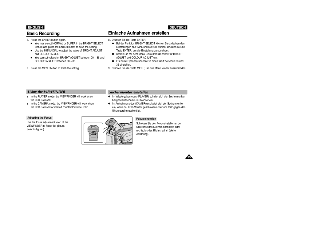 Samsung VP-D105i manual Using the Viewfinder, Suchermonitor einstellen, Press the Enter button again, Adjusting the Focus 