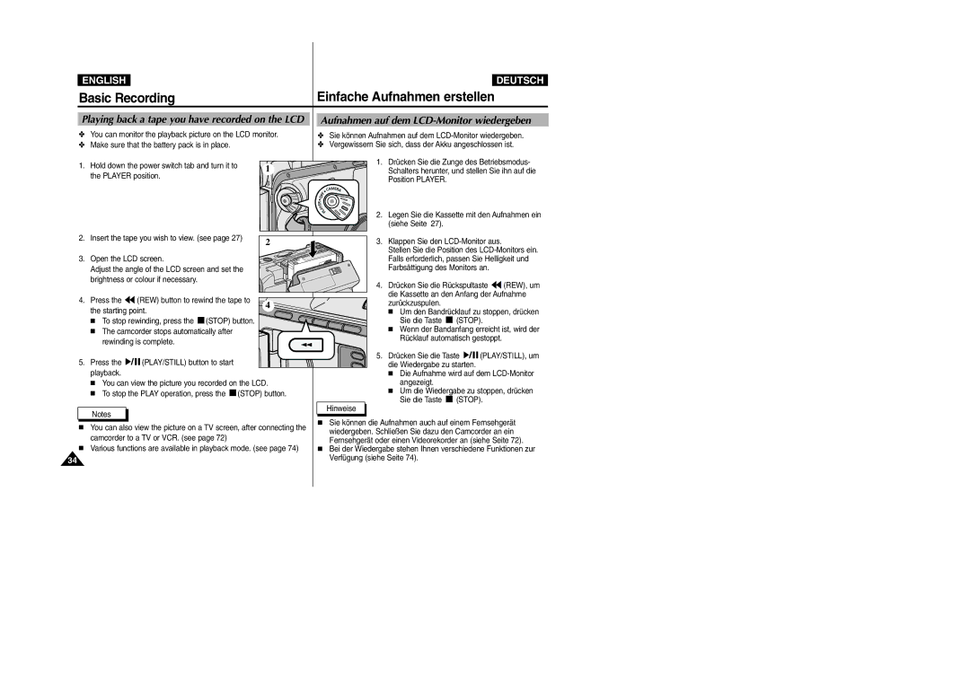 Samsung VP-D105i manual Aufnahmen auf dem LCD-Monitor wiedergeben, Playing back a tape you have recorded on the LCD, Stop 