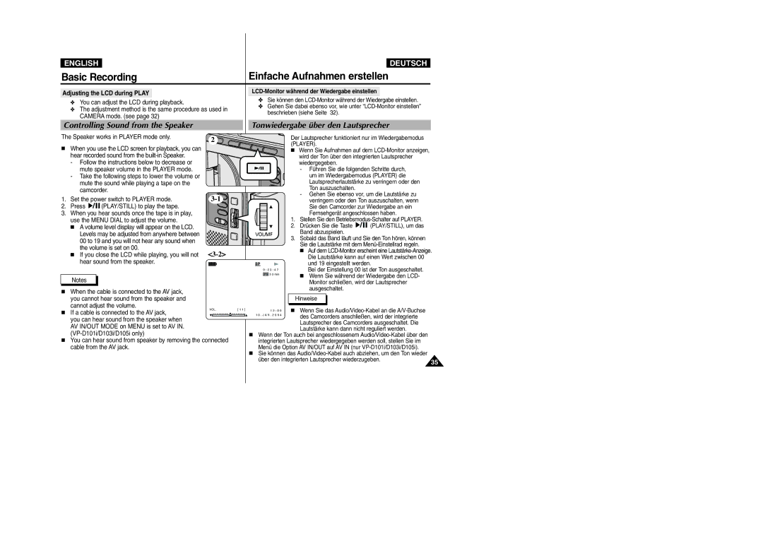 Samsung VP-D105i manual Adjusting the LCD during Play 