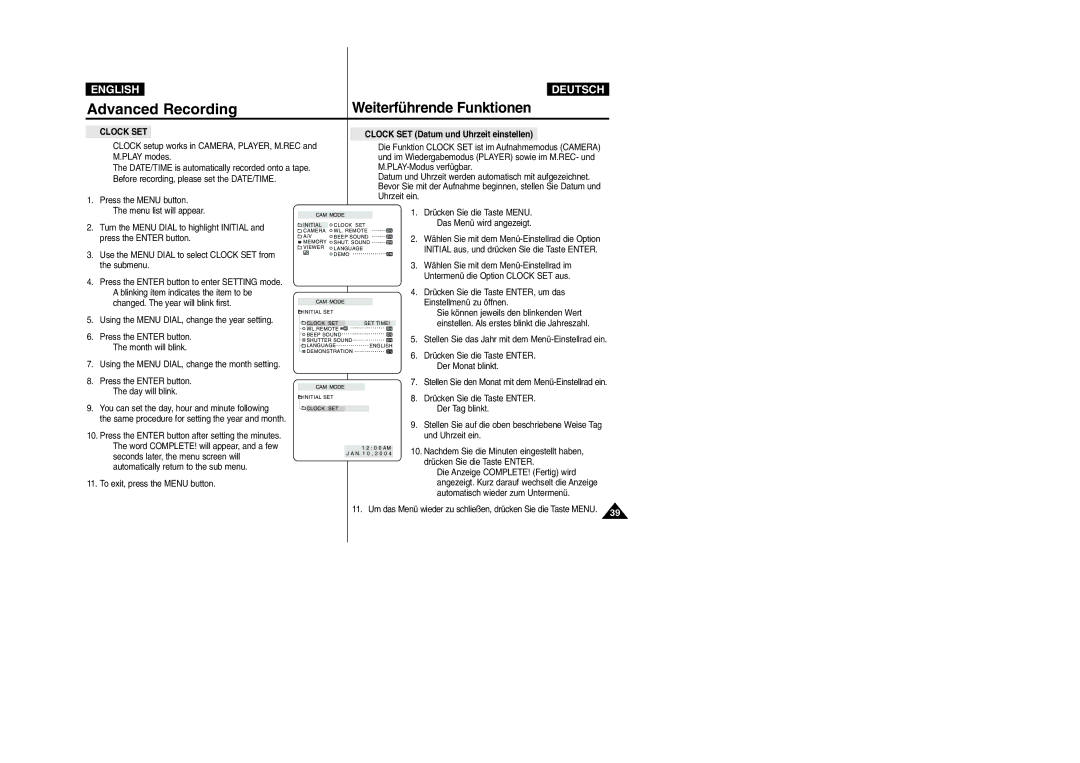 Samsung VP-D105i manual Weiterführende Funktionen 