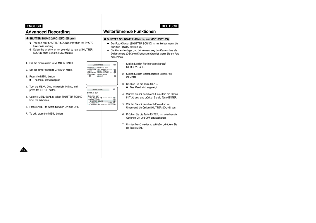 Samsung VP-D105i manual Shutter Sound VP-D103i/D105i only, Shutter Sound Foto-Klickton nur VP-D103i/D105i, Memory Card 