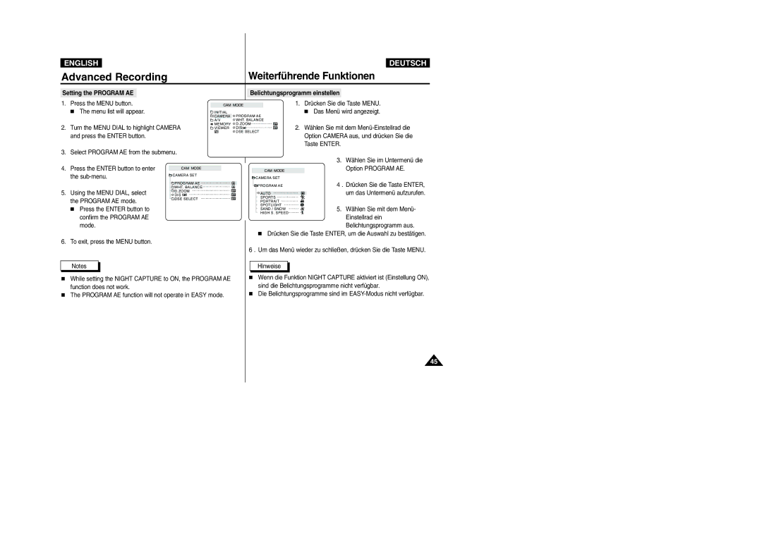 Samsung VP-D105i manual Setting the Program AE Belichtungsprogramm einstellen, Option Program AE, Einstellrad ein 