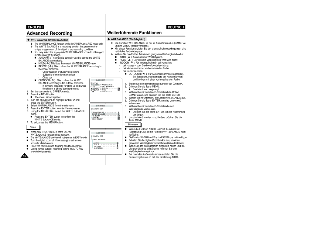 Samsung VP-D105i manual Weiterführende Funktionen, WHT.BALANCE Weißabgleich 