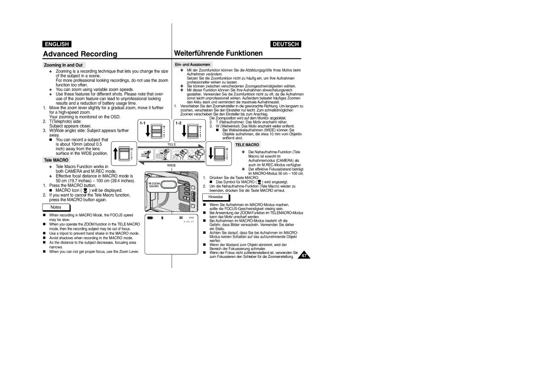 Samsung VP-D105i manual Zooming In and Out, Tele Macro 