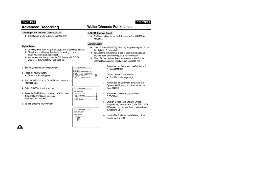 Samsung VP-D105i manual Zooming In and Out with Digital Zoom, Zoom Digitaler Zoom 