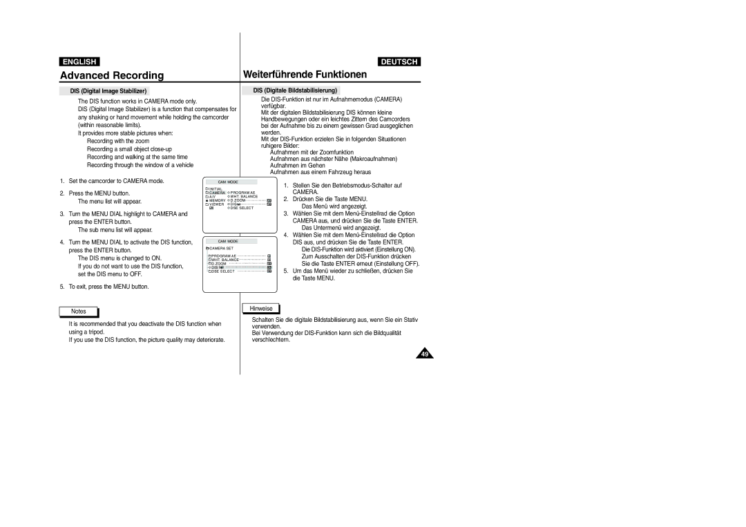 Samsung VP-D105i manual DIS Digital Image Stabilizer, DIS Digitale Bildstabilisierung, Das Untermenü wird angezeigt 