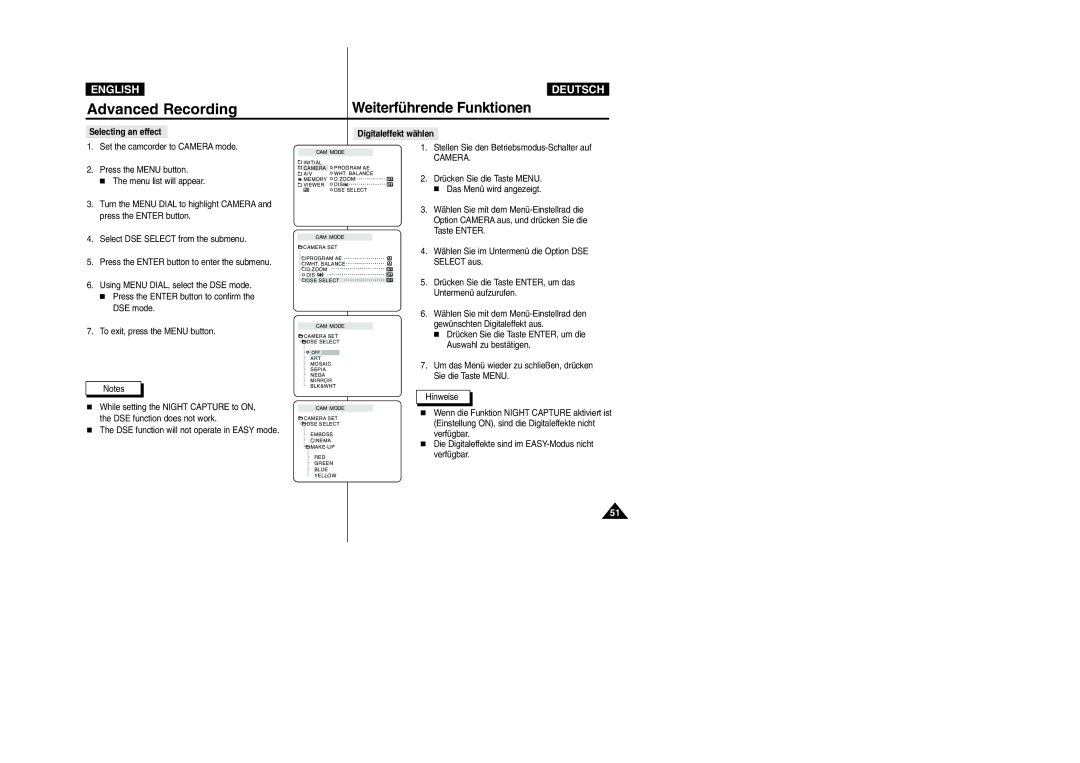 Samsung VP-D105i manual Selecting an effect Digitaleffekt wählen, Sie die Taste Menu 