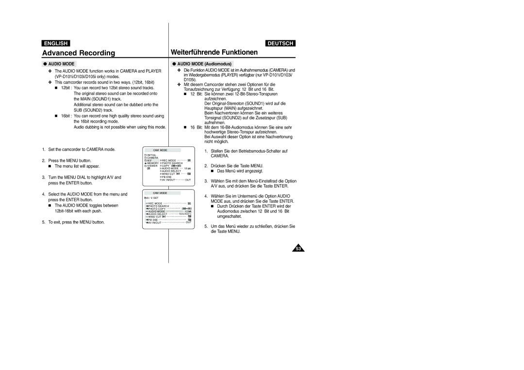 Samsung VP-D105i manual Audio Mode Audiomodus 