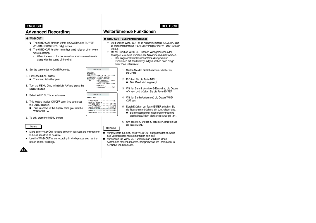 Samsung VP-D105i manual Wind CUT Rauschunterdrückung 