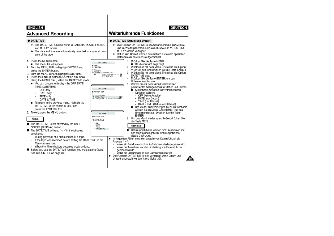 Samsung VP-D105i manual DATE/TIME Datum und Uhrzeit, Time, Date/Time, Date & Time 