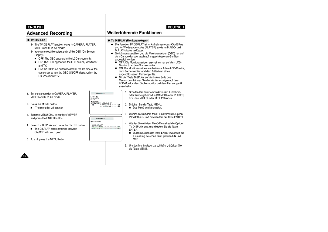 Samsung VP-D105i manual TV Display Monitoranzeigen 