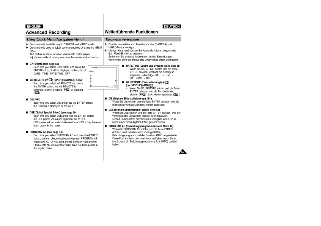 Samsung VP-D105i manual Using Quick MenuNavigation Menu Kurzmenü verwenden, Wl.Remote, WL.REMOTE Fernbedienung, Dis 