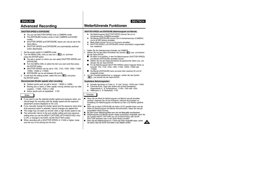 Samsung VP-D105i manual Recommended Shutter speeds when recording, Shutter Speed und Exposure Belichtungszeit und Blende 