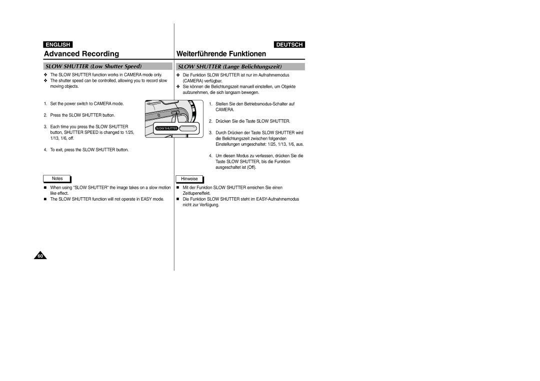 Samsung VP-D105i manual Camera verfügbar, Moving objects, Aufzunehmen, die sich langsam bewegen, Ausgeschaltet ist Off 