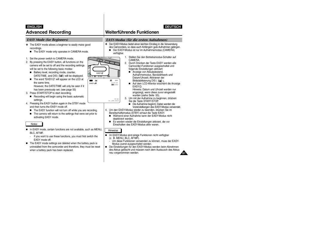 Samsung VP-D105i manual Easy Mode for Beginners, EASY-Modus für die ersten Aufnahmen, Easy.Q 