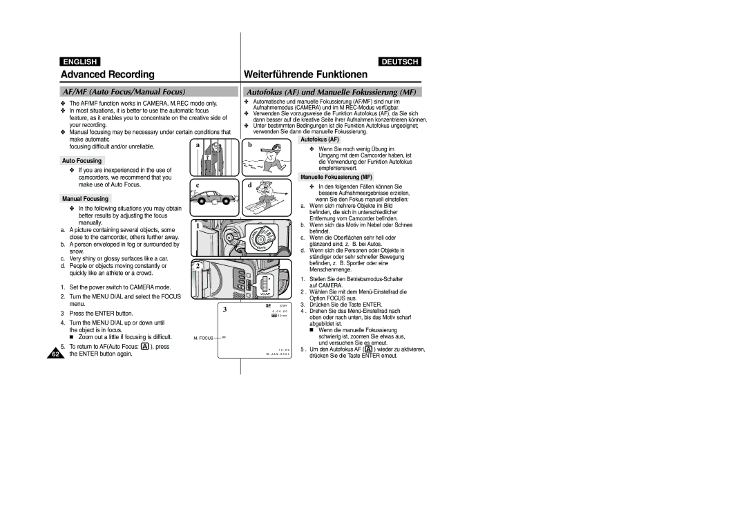 Samsung VP-D105i manual Advanced Recording, AF/MF Auto Focus/Manual Focus, Autofokus AF und Manuelle Fokussierung MF 