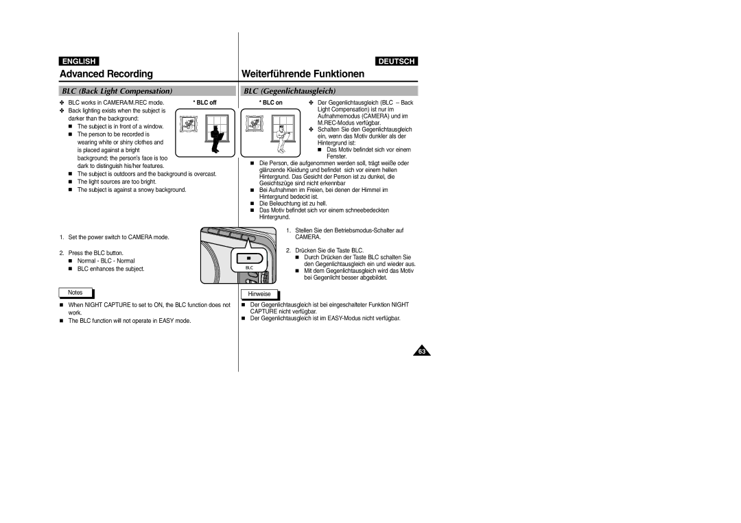 Samsung VP-D105i manual BLC Back Light Compensation, BLC Gegenlichtausgleich, BLC on 