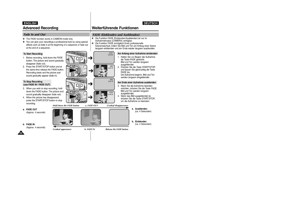 Samsung VP-D105i manual Fade In and Out, Fade Einblenden und Ausblenden 