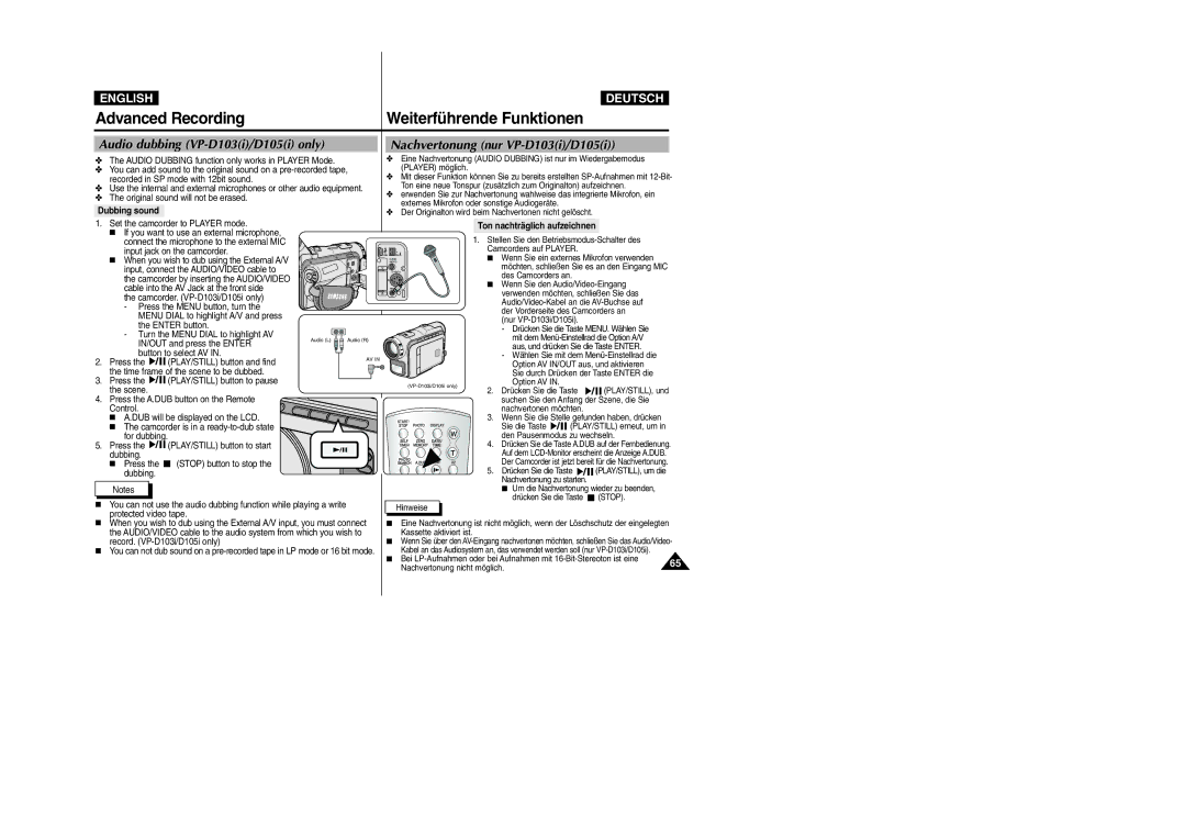 Samsung VP-D105i manual Audio dubbing VP-D103i/D105i only, Nachvertonung nur VP-D103i/D105i, Dubbing sound 