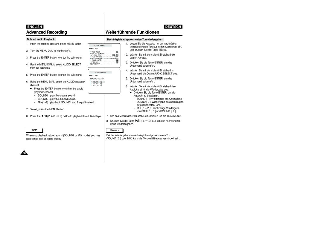 Samsung VP-D105i manual Advanced Recording Weiterführende Funktionen 