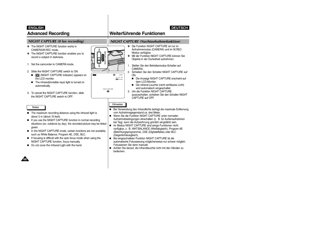 Samsung VP-D105i manual Aufnahmemodus Camera und im M.REC, Schieben Sie den Schalter Night Capture auf, LCD monitor, Green 