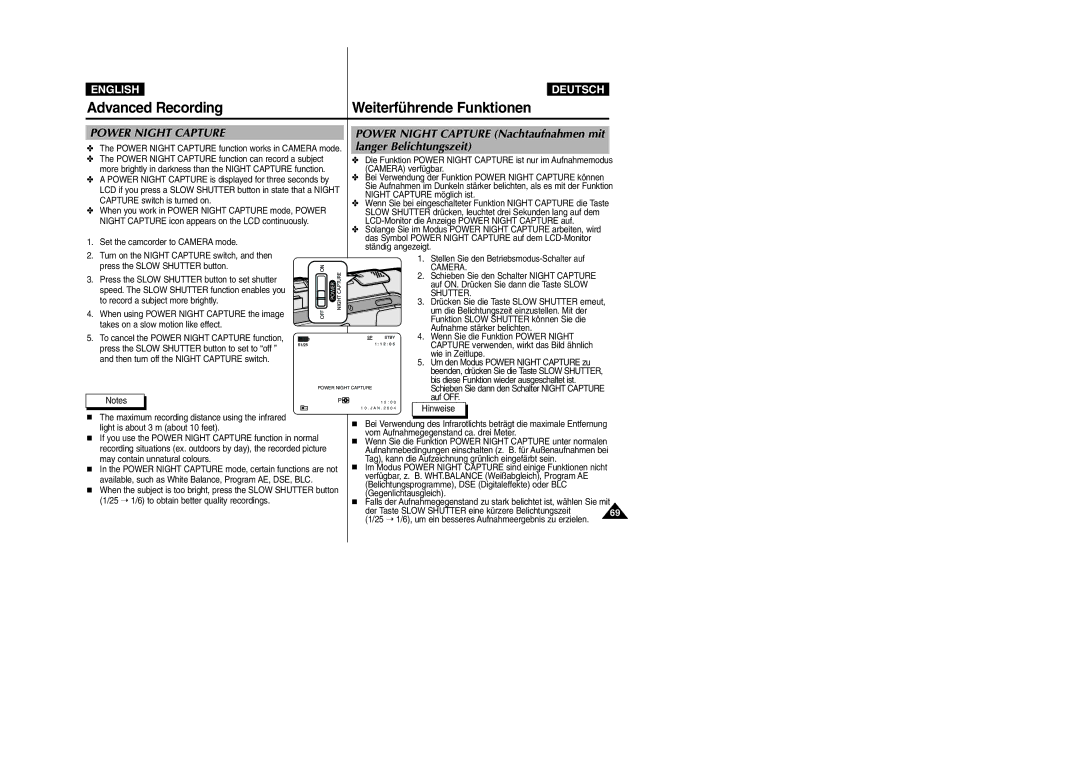 Samsung VP-D105i manual Langer Belichtungszeit, Power Night Capture Nachtaufnahmen mit, Shutter 