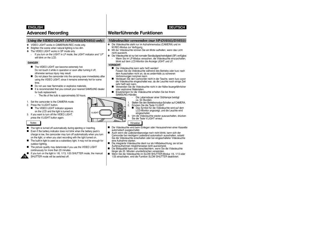 Samsung VP-D105i manual Videoleuchte verwenden nur VP-D103i/D105i, Using the Video Light VP-D103i/D105i only 