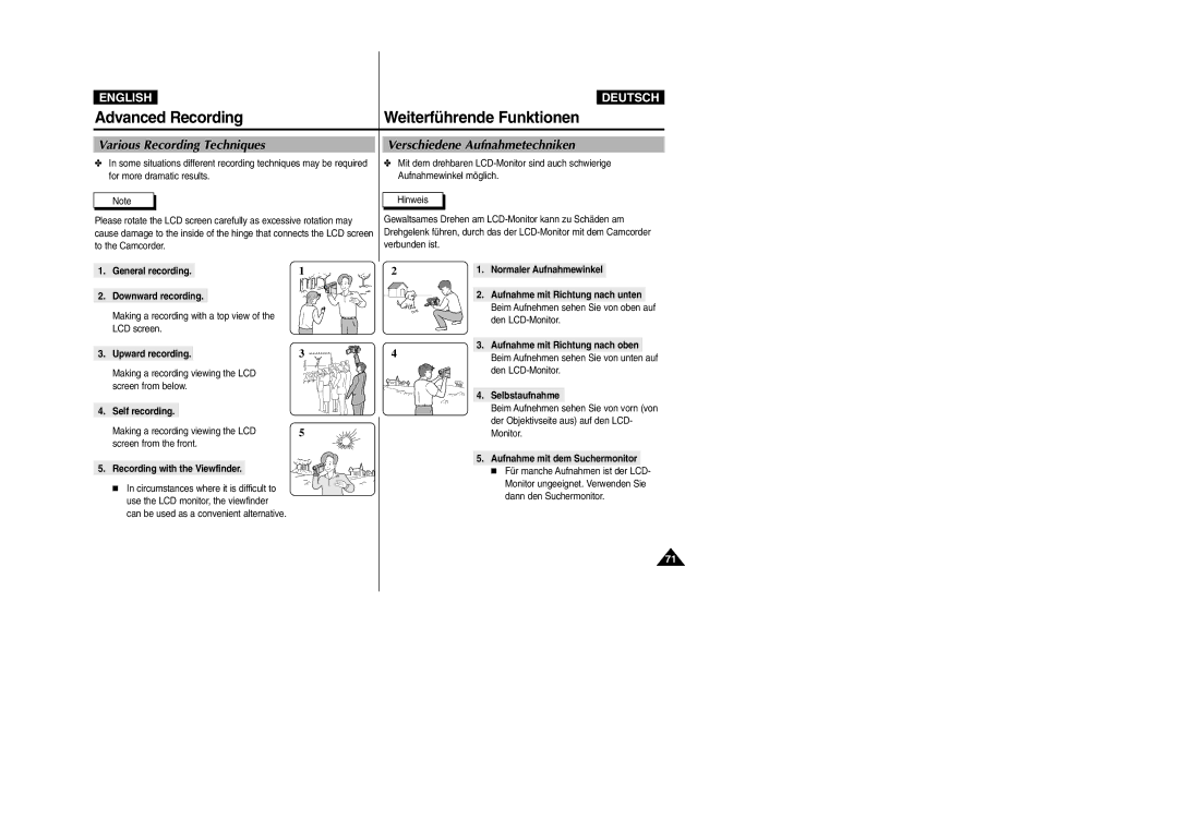 Samsung VP-D105i manual Various Recording Techniques, Verschiedene Aufnahmetechniken 