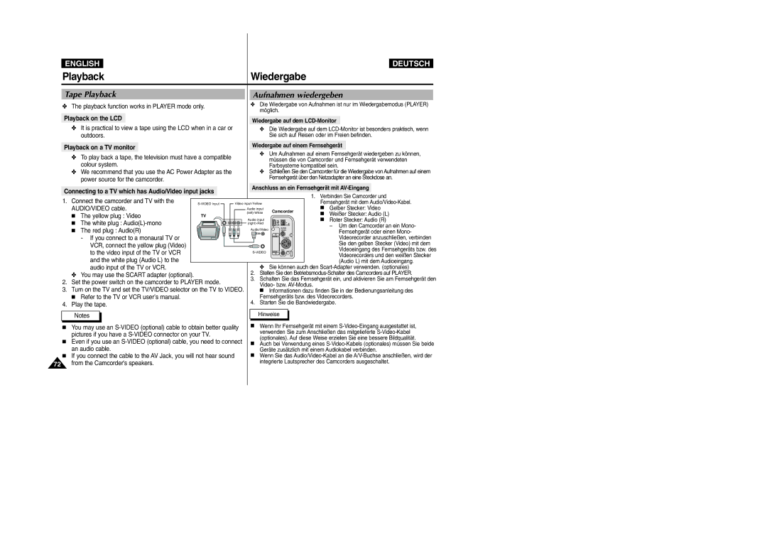 Samsung VP-D105i manual Wiedergabe, Tape Playback, Aufnahmen wiedergeben 