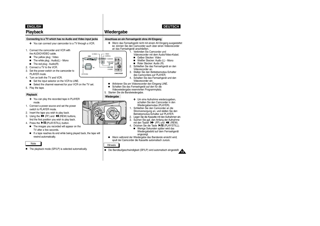 Samsung VP-D105i manual Playback, Anschluss an ein Fernsehgerät ohne AV-Eingang, Wiedergabe 