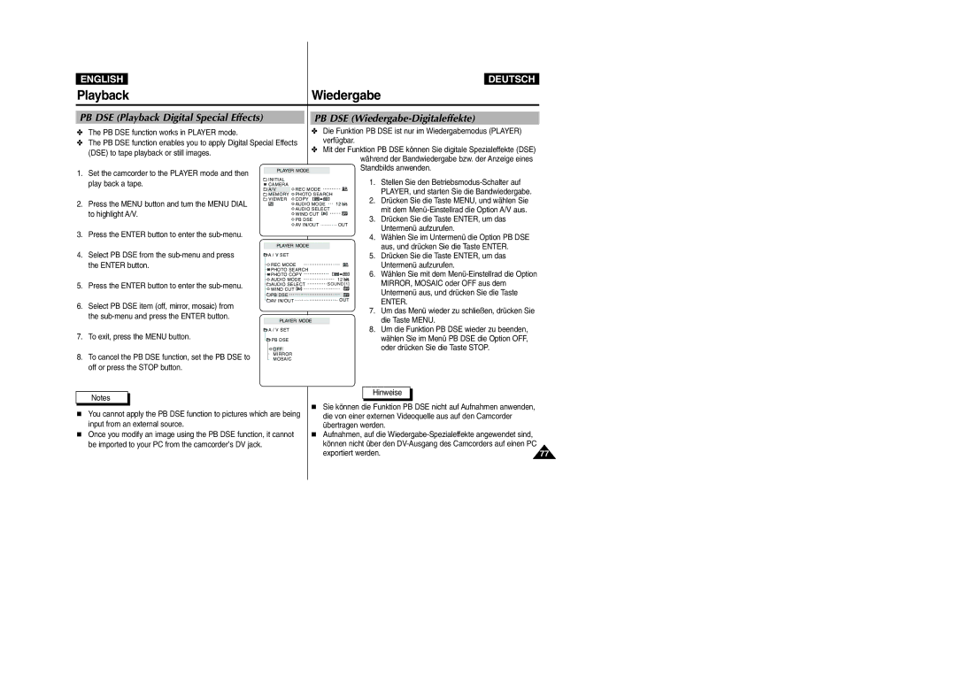 Samsung VP-D105i manual PB DSE Wiedergabe-Digitaleffekte, PB DSE Playback Digital Special Effects 